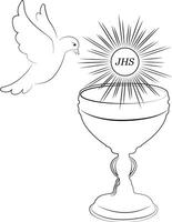 A dove of peace near a cup with wine and bread. Communion. vector