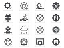 Automation Technology, AI Icons sets Robots, Gears, AI, and More vector