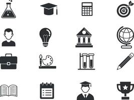 Education Icons Set including a graduation cap, a lightbulb, book, globe, calculator, pencil, beaker, and a trophy vector
