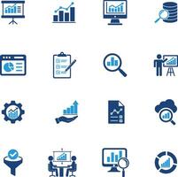 Data Analysis solid Icons set data analysis, including charts, graphs, databases, reports, and magnifying glass. vector
