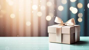 Gift box with bow on wooden table with bokeh lights video