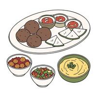 A plate with various foods and a bowl of sauce vector
