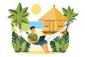Remote Work on Hammock with Laptop and Beach Hut tropical paradise scene vector