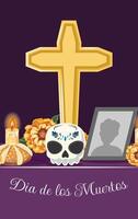 Day of the Dead table setup with marigolds, cross, and remembrance photo frame, perfect for Dia de los Muertos vector