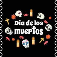Day of the Dead template with vibrant skulls, floral accents, and lit candles, set on a dark background for remembrance vector