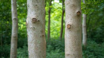Close up of two tree trunks in a lush green forest photo