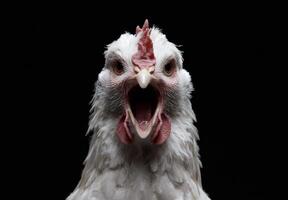 Close up of a white chicken with an open beak photo