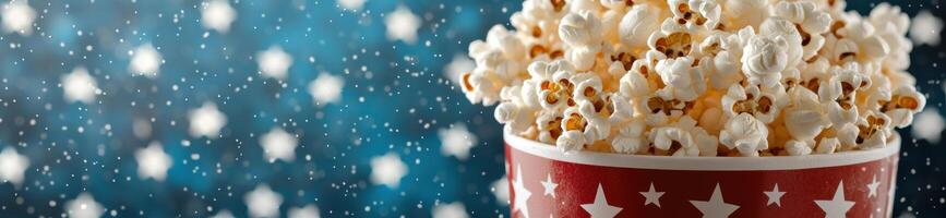 Delicious popcorn in a festive container with falling snow photo
