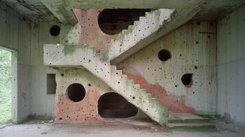 Abandoned concrete structure with unique architectural design photo