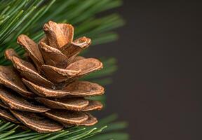 Close up of a pine cone on green pine needles photo