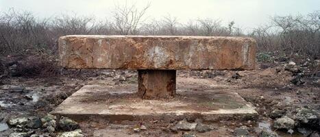 Abandoned concrete structure in a desolate landscape photo