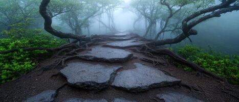 Mysterious forest path through twisted roots and fog photo
