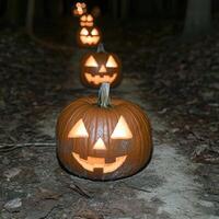 Glowing jack o lantern on dark forest floor photo