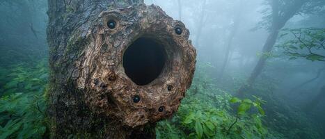 Mysterious tree hollow in misty forest photo