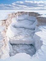 Frozen lake with icy cliffs and dramatic clouds photo