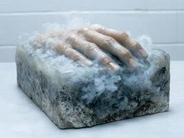 Frozen hand emerging from ice block photo