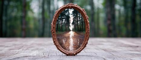 enchanted forest path reflected in ornate mirror frame photo