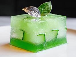 Refreshing green jelly dessert with leaf garnish photo