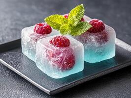 Refreshing frozen raspberry dessert cubes with mint leaves photo