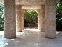 Serene stone columns in lush forest setting photo