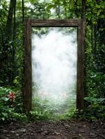 Enchanting forest gateway with lush greenery photo