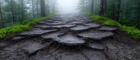 Winding forest path with roots and fog photo