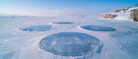 Frozen lake with circular ice patterns photo