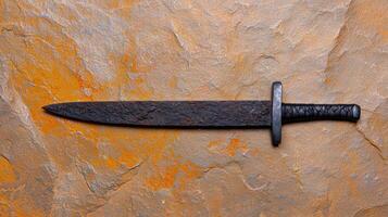 Rusty medieval sword on rock surface photo
