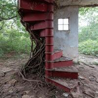Abandoned spiral staircase in overgrown forest photo