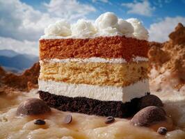 Delicious layered cake with creamy frosting and chocolate accents photo
