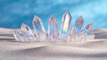 Sparkling quartz crystals on sandy beach photo