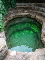 Enchanting emerald pool in lush forest grotto photo