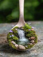 Miniature garden with waterfall and flowers photo