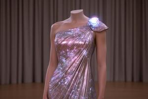 Sparkling one shoulder evening gown with illuminated floral design photo