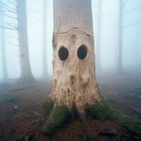 Mysterious tree with eerie eyes in foggy forest photo