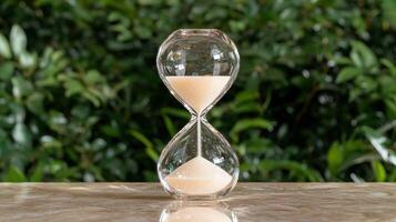 hourglass timer on wooden table with nature background photo