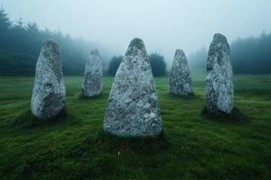 Mysterious stone monoliths in a misty forest landscape photo
