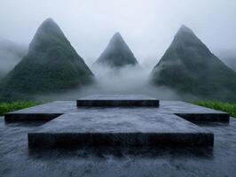 Mysterious mountain landscape with fog and stone steps photo