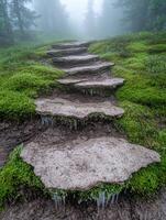 Misty forest path with moss covered steps photo