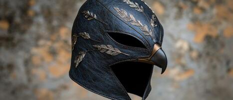 Ornate medieval knights helmet with feathered design photo