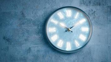 Vintage analog clock with roman numerals on a textured concrete wall photo