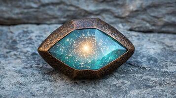 Glowing celestial sphere on rocky surface photo