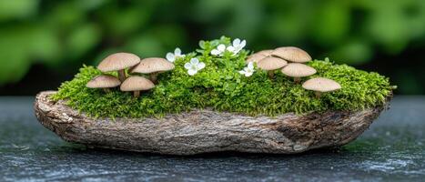 Mushrooms and moss on a fallen tree trunk photo