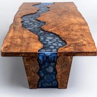 Unique wooden table with flowing river design photo