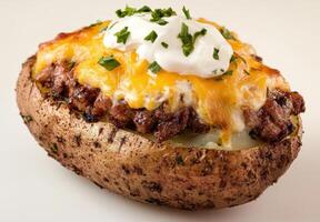 Baked potato with chili, cheese, and sour cream photo