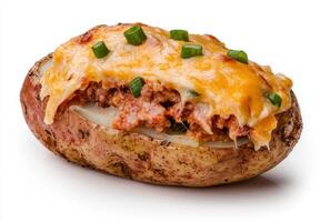 Loaded baked potato with melted cheese and green onions photo