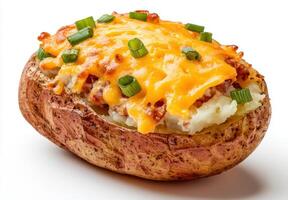 Baked potato with melted cheese and green onions photo