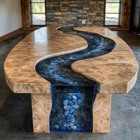 Unique wooden table with flowing blue river design photo