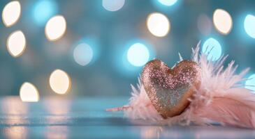 Glittering heart with feathers on a blurred background photo