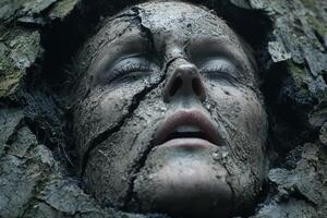 Weathered stone face in the forest photo